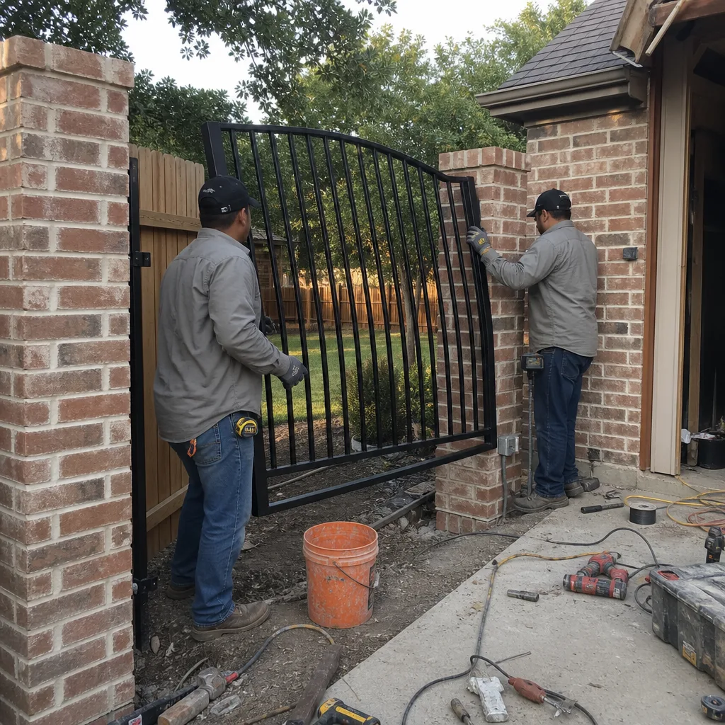 professional technicians installing a custom metal gate between brick pillars