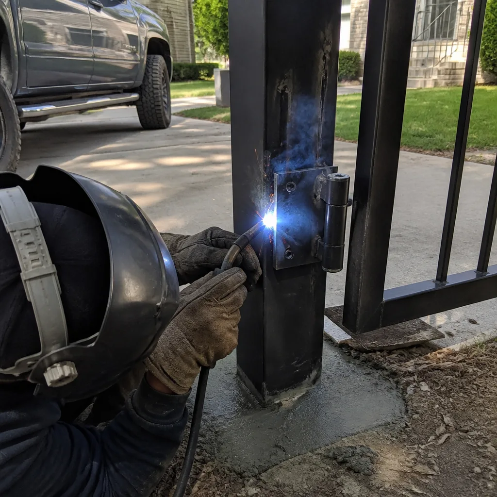 Professional welder installing a heavy-duty steel hinge onto a gate post