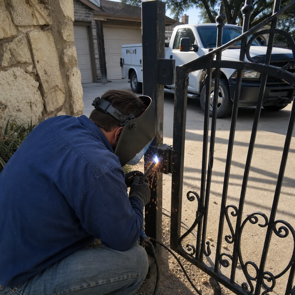 A professional welder performing high-quality metal gate repair services.